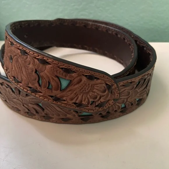 Nocona Turquoise and Brown Tooled Leather Belt - Picture 5 of 5